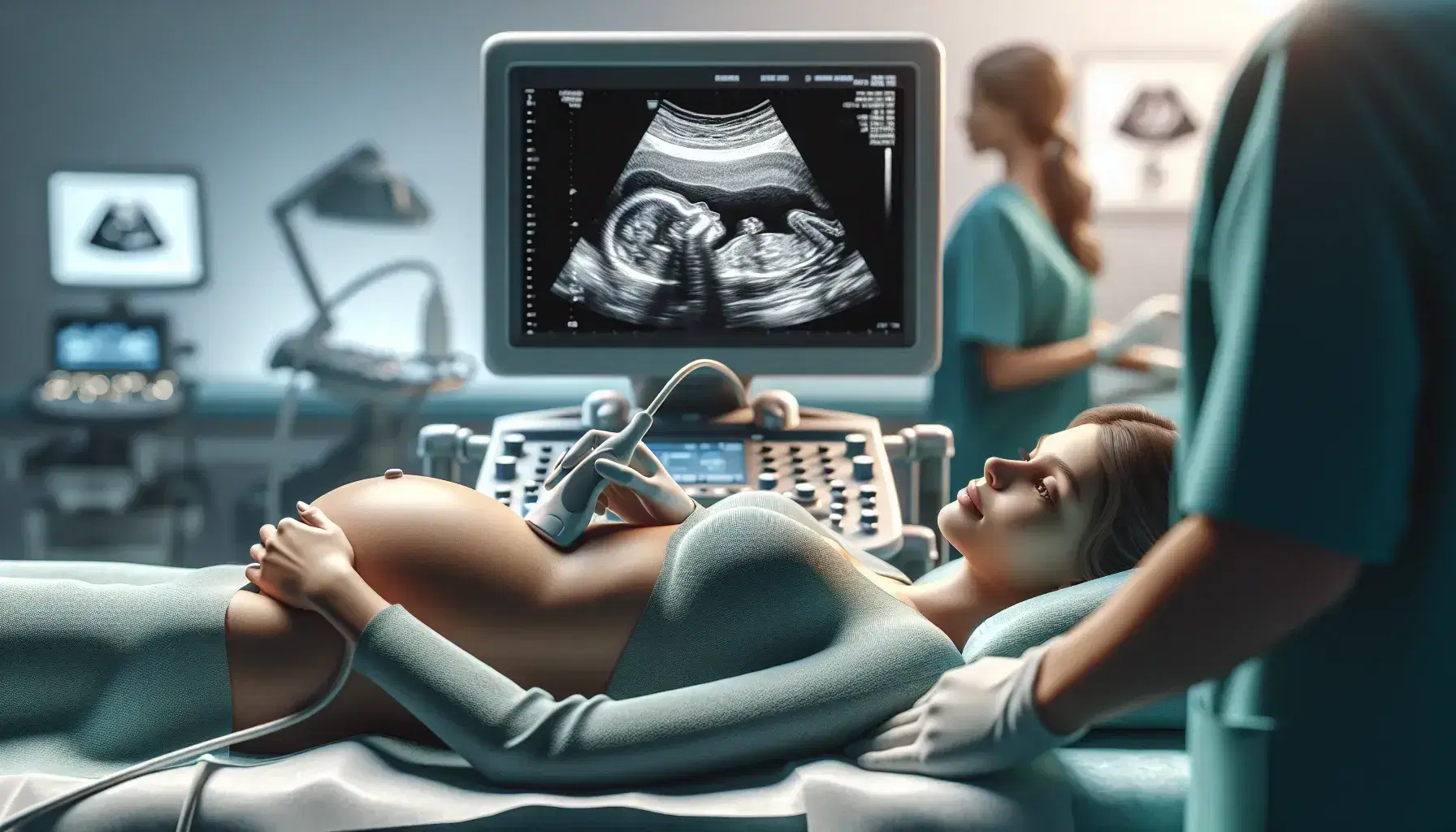 Ultrasound in second trimester shows human fetus, doctor in green coat performs examination on lying pregnant woman, quiet medical environment.