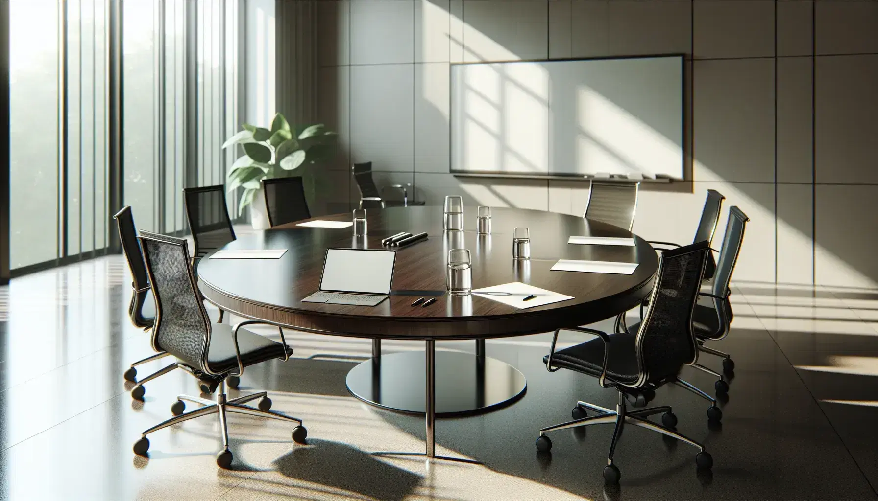 Conference room with a polished dark wood table, ergonomic chairs, laptop, papers, pen, water glass, and a potted plant, bathed in natural light.