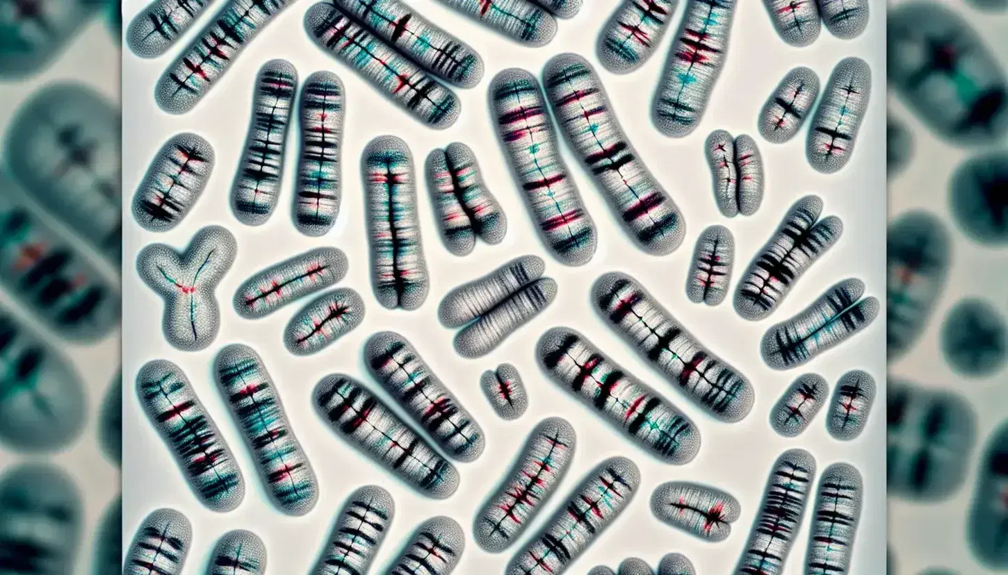 Human karyotype close-up with chromosomes paired by size, X and Y chromosomes highlighted, against a white background with distinct banding patterns.