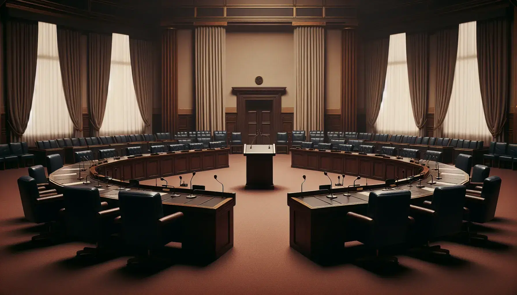 Sala assemblea politica vuota con scrivanie semicircolari, sedili in pelle blu, podio con microfono e pareti beige con tende avorio.