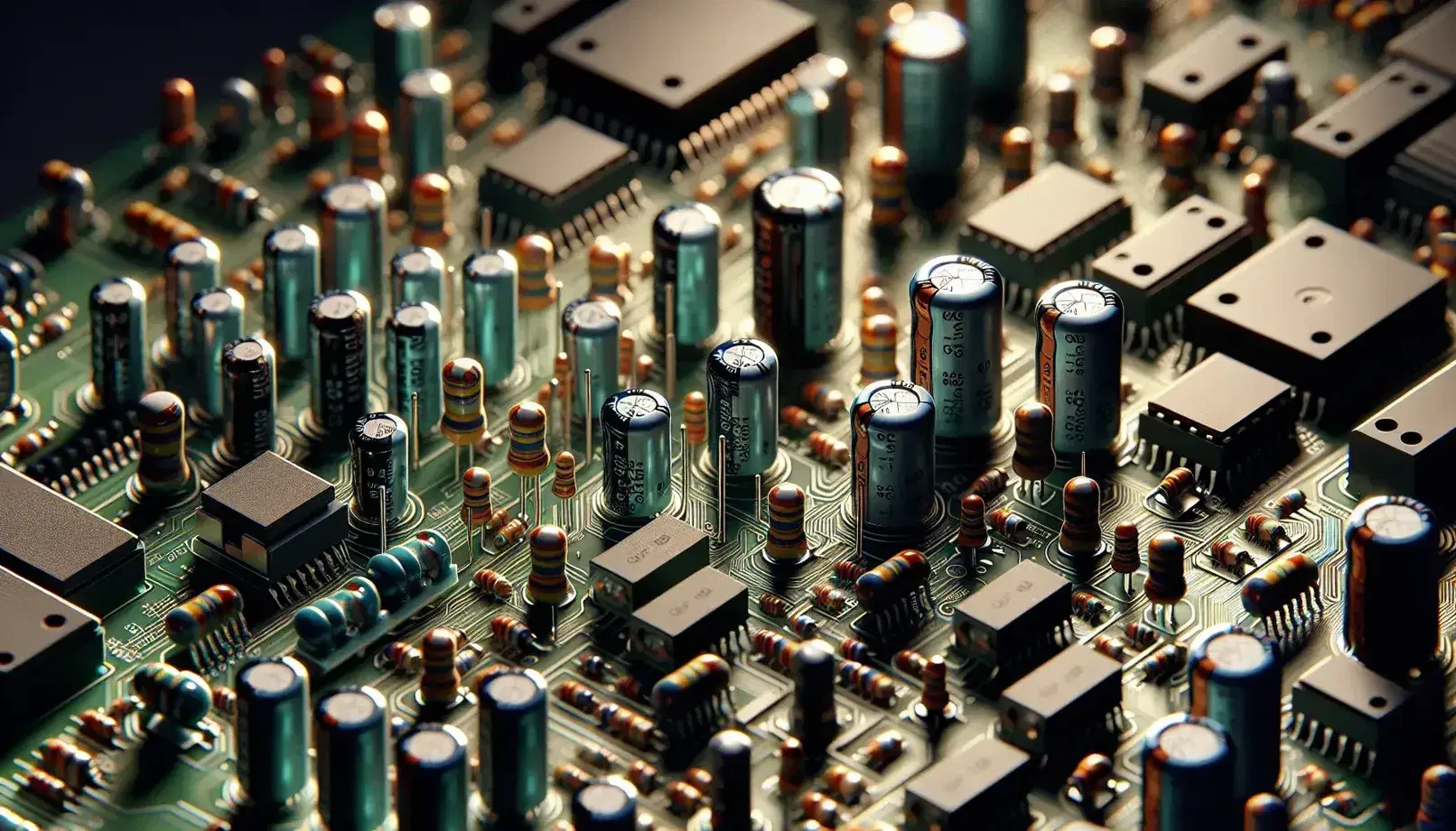 Close-up of a complex electronic board with various components such as capacitors, resistors, diodes and integrated circuits on a green background.