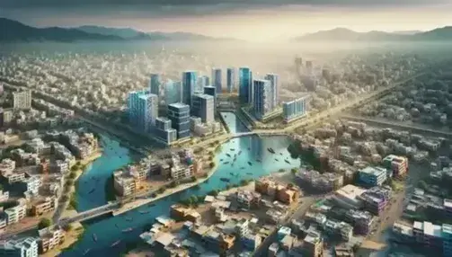 Vista aerea di una città indiana in espansione con grattacieli moderni, quartieri residenziali con tetti terracotta, un fiume serpeggiante e colline sullo sfondo al tramonto.