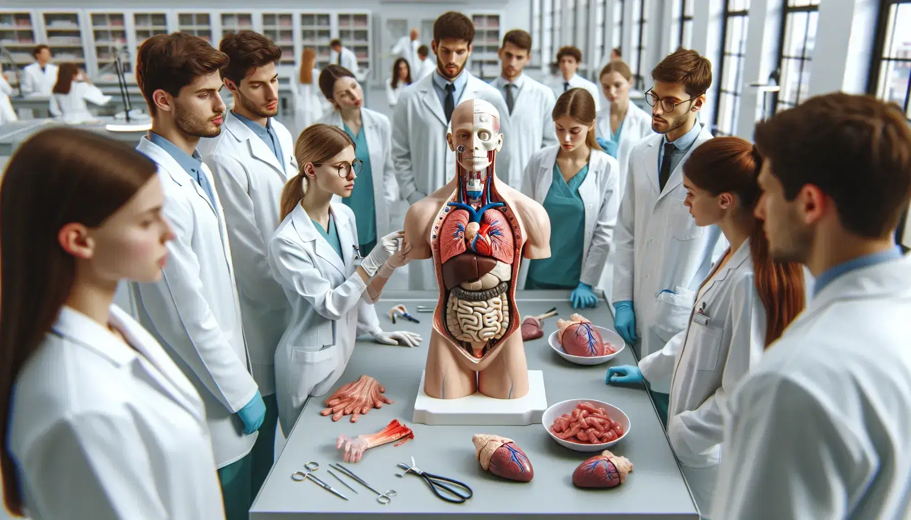 Estudiantes de medicina examinan un maniquí de simulación con órganos internos en un laboratorio anatómico, destacando la interacción educativa.