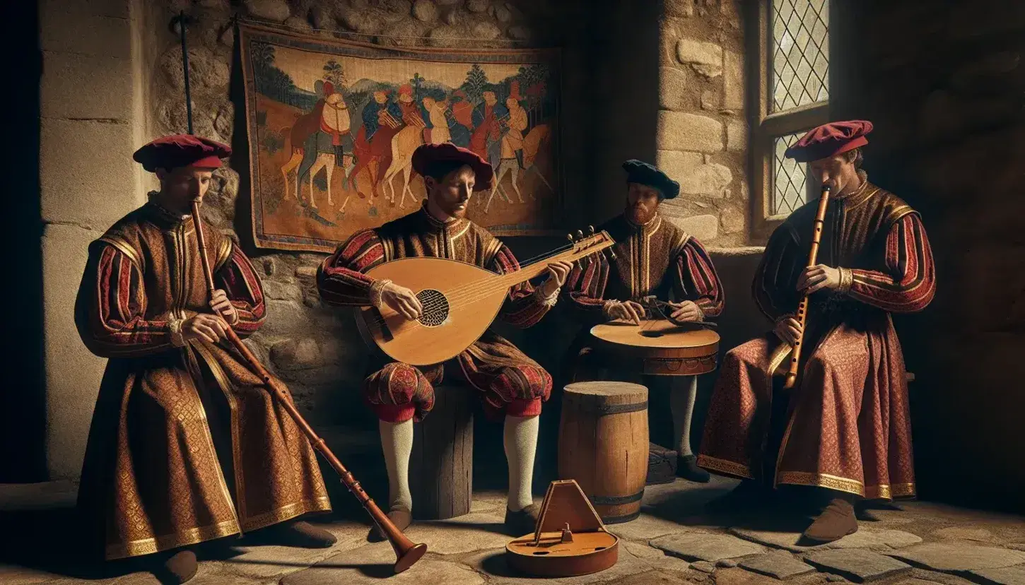 Musicisti medievali in costume suonano liuto, flauto dolce e vielle in una stanza con pareti di pietra, sotto una finestra ad arco.