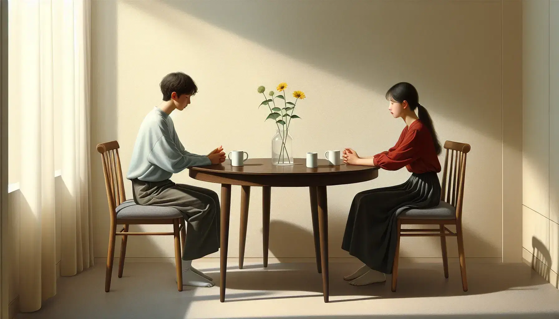 Dos personas sentadas en sillas de madera con cojines grises alrededor de una mesa redonda, con tazas blancas y flores amarillas en un jarrón, en una habitación iluminada naturalmente.