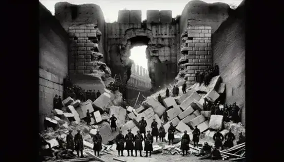 Breccia nelle mura di Porta Pia dopo la presa di Roma, soldati e civili tra le rovine in foto storica in bianco e nero.