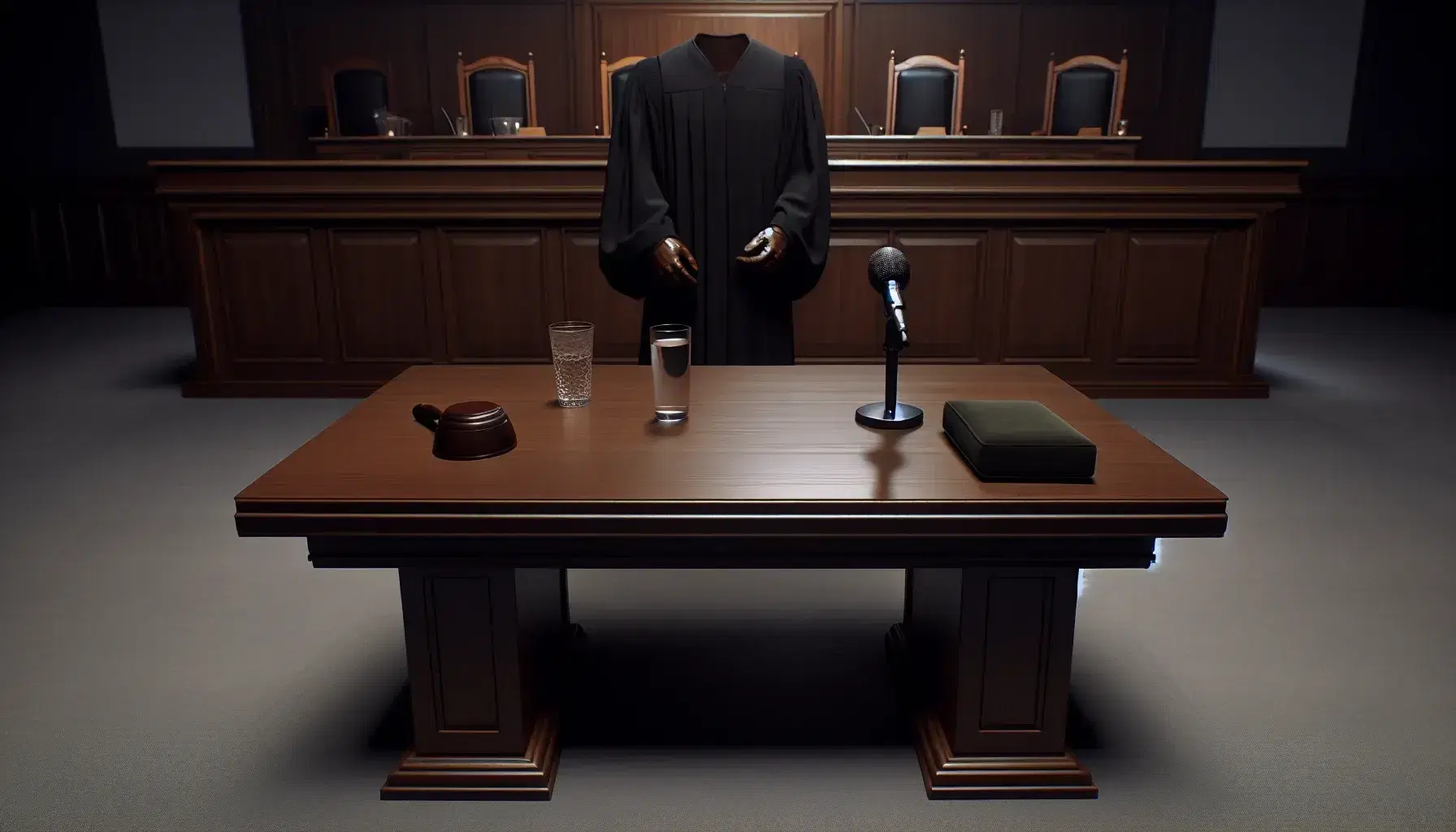 Escena de sala de juicio con mesa de madera, micrófono, papeles y persona en toga negra hablando, mazo en cojín verde y silla elevada al fondo.