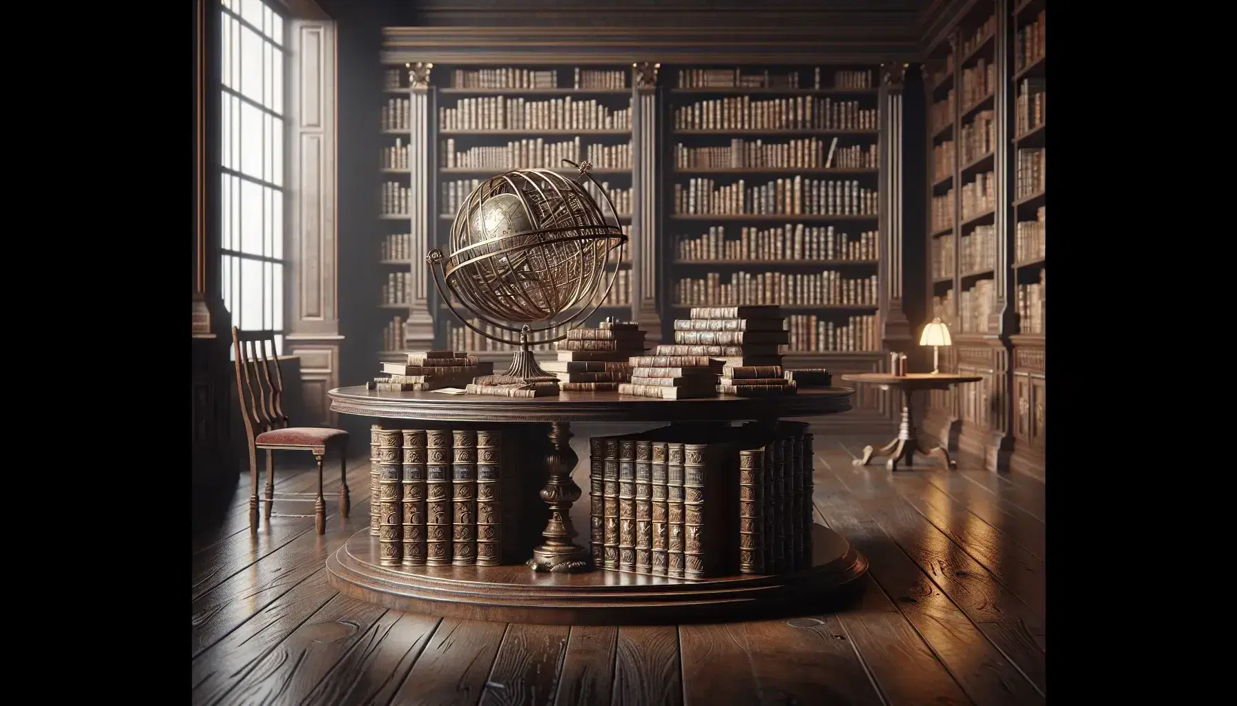 Biblioteca antigua con mesa de madera oscura y libros apilados, esfera armilar a la izquierda y silla con cojín rojo a la derecha, bajo iluminación cálida y suave.