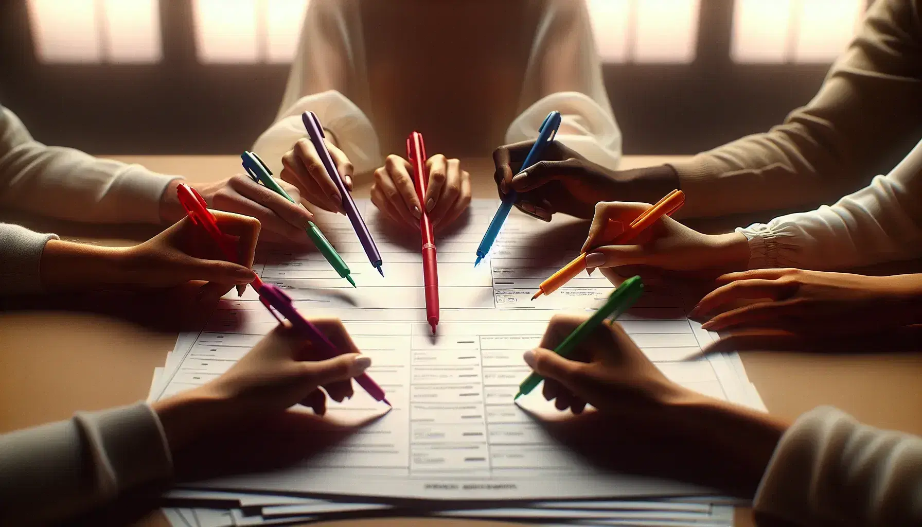 Diverse hands holding colorful pens over blank voting ballots, symbolizing democratic participation in a softly lit room.