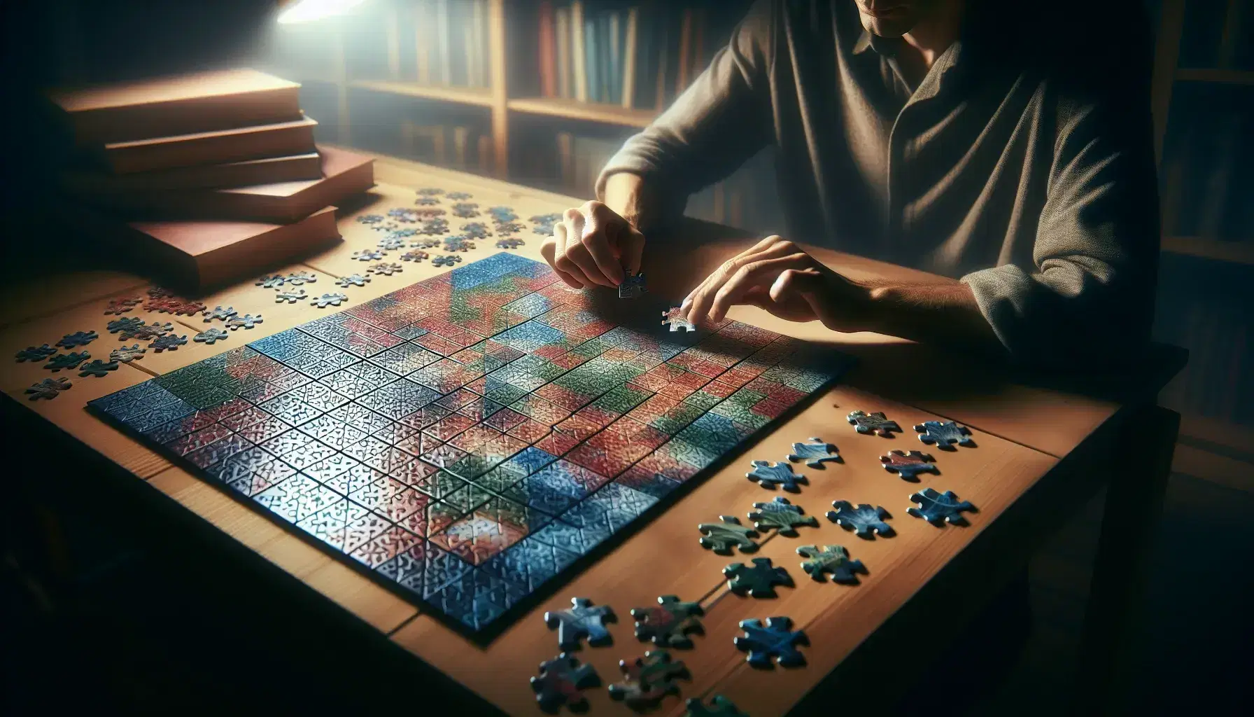 Person concentrated on completing a colorful puzzle on wooden desk, with blurry bookcase in the background.