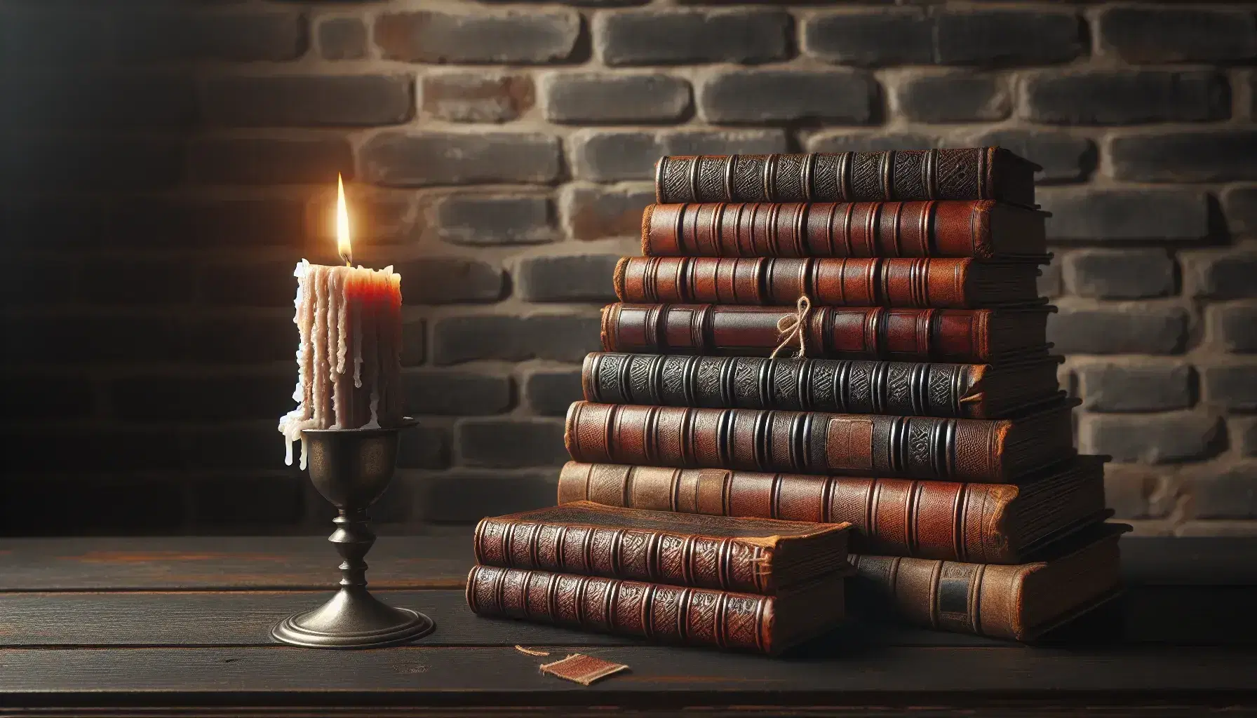 Pila di libri antichi con copertine in pelle marrone su tavolo scuro, accanto a candela consumata in portacandela metallico, sfondo di mattoni.