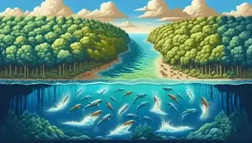Cervo che beve da un fiume serpeggiante in una foresta rigogliosa, con delfini che emergono in un mare al tramonto.
