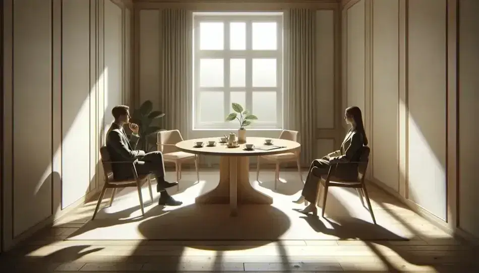 Reunión profesional en una sala iluminada con mesa redonda de madera, sillas con cojines beige y dos tazas de café, sin dispositivos electrónicos.