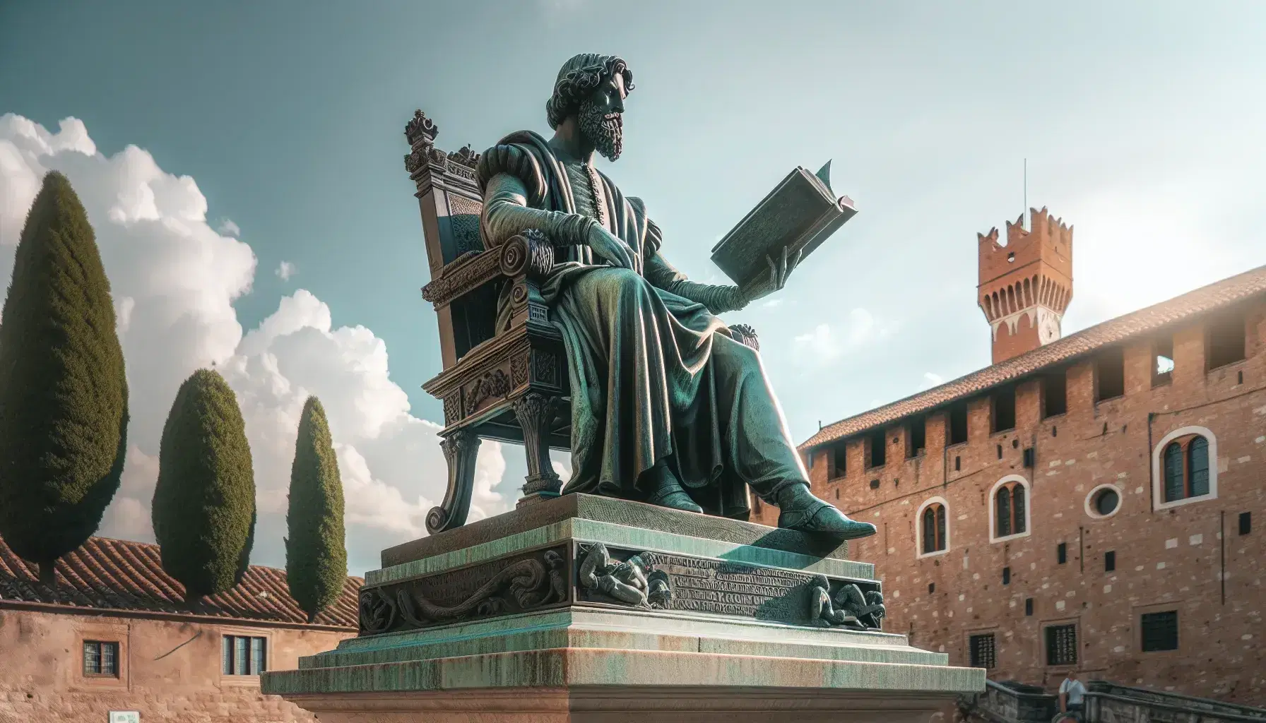 Estatua de bronce de hombre barbudo del siglo XVI sentado con libro abierto y papel, sobre pedestal de piedra, con cielo azul y edificio antiguo al fondo.