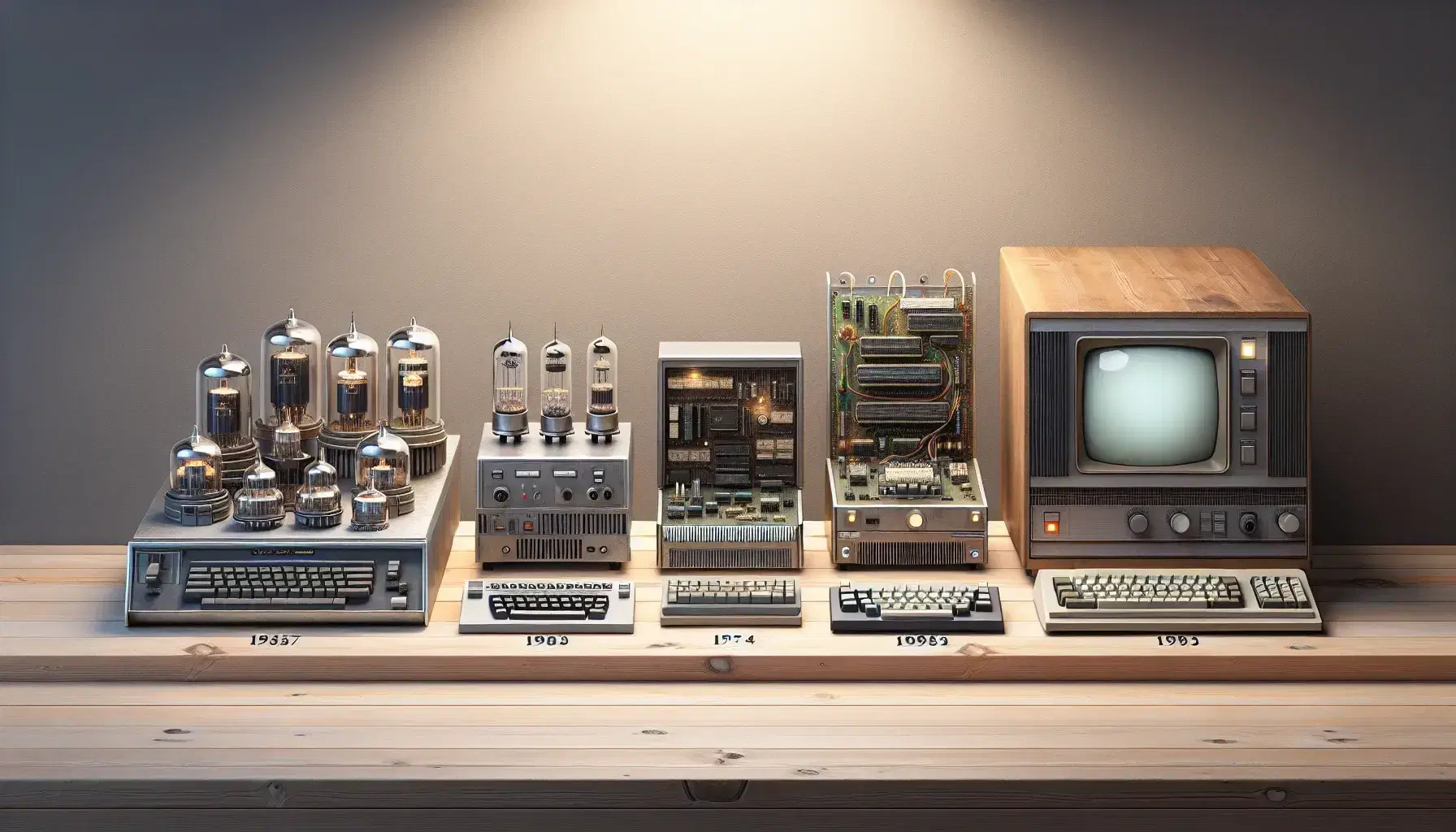 Colección de cuatro computadoras históricas en evolución, desde la primera generación con tubos de vacío hasta la cuarta con monitor CRT, mostrando la miniaturización tecnológica.