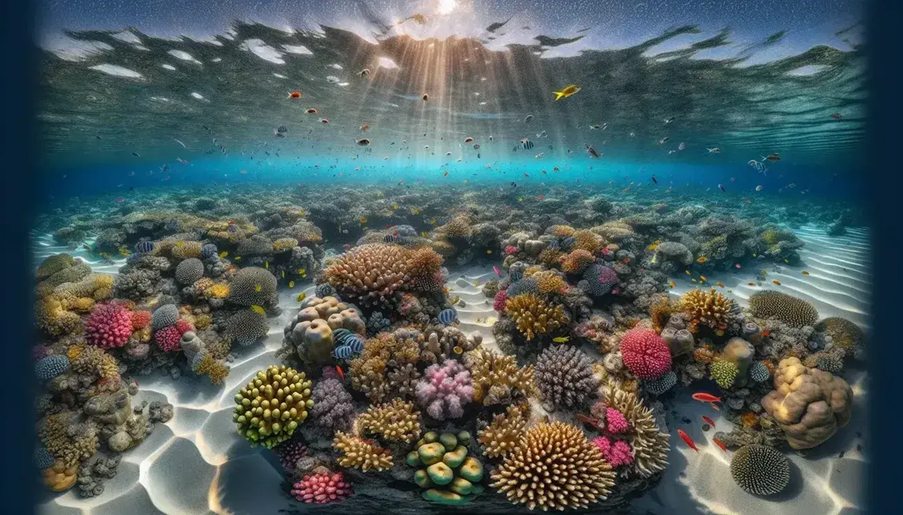 Vista panorámica submarina de un arrecife de coral con formaciones coloridas, peces de arrecife y una escuela de peces plateados bajo la luz del sol.