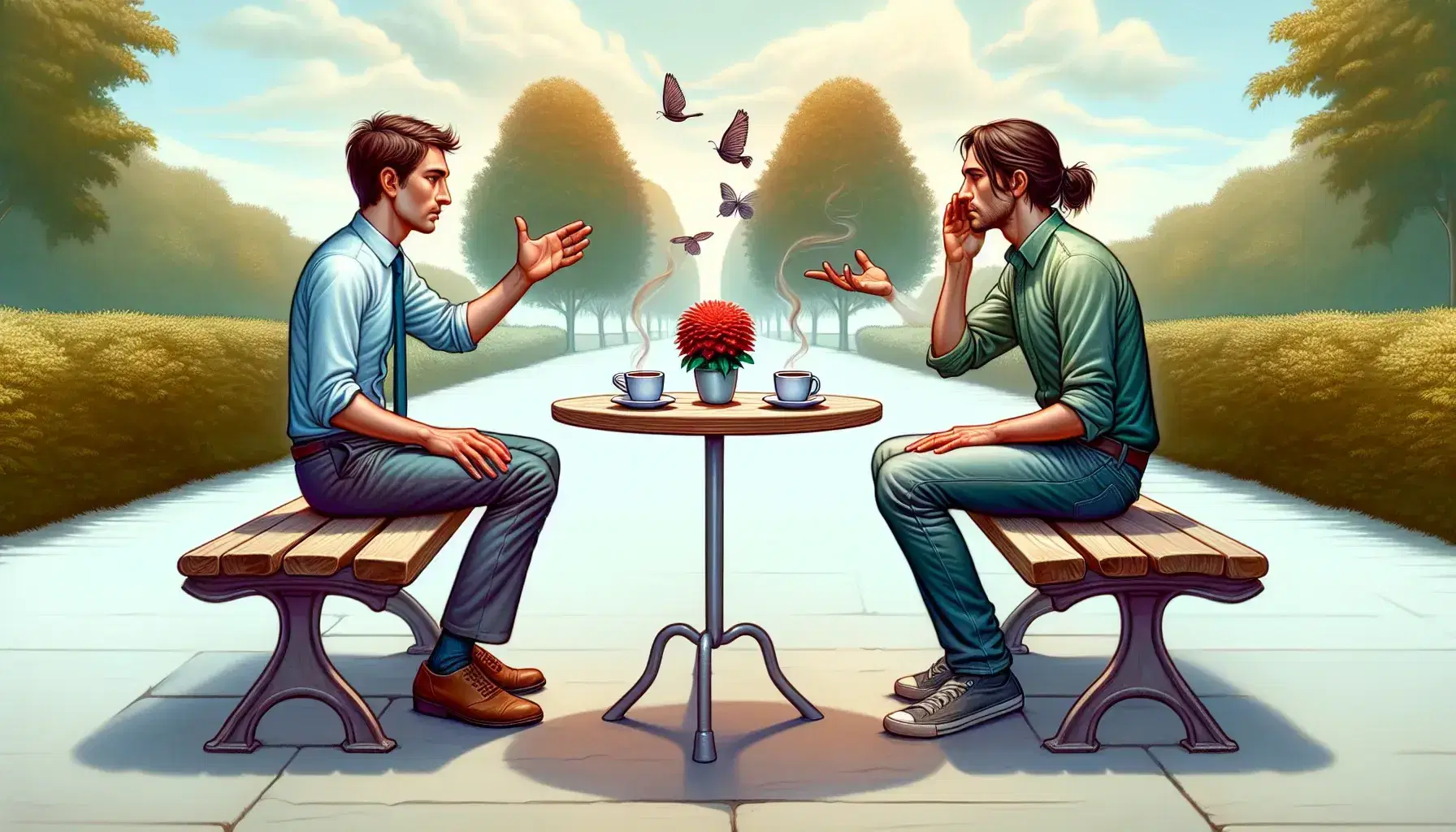 Dos personas conversando en un parque, una gestica y la otra escucha atentamente, con café y una flor roja sobre la mesa, en un día soleado.