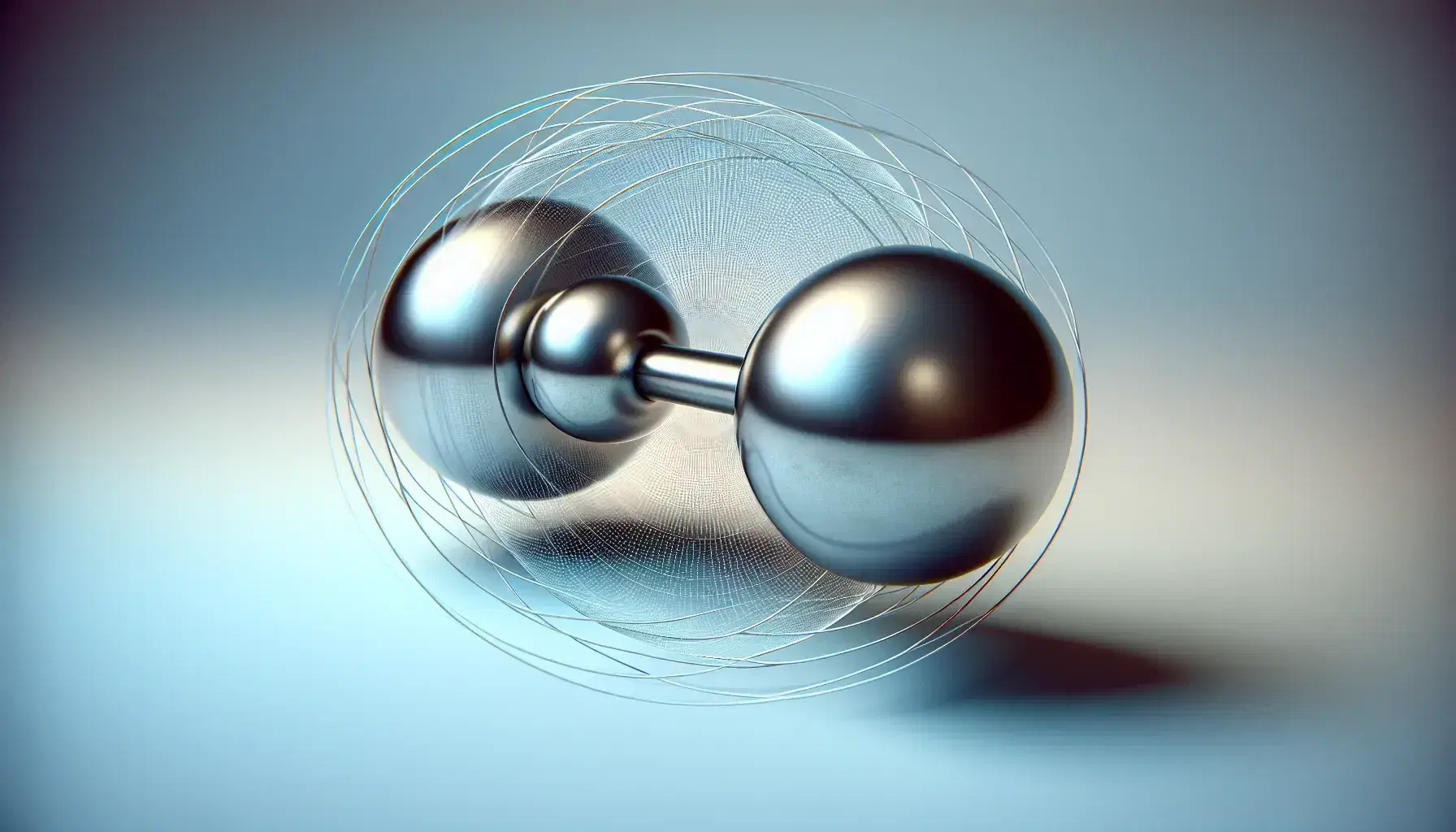 Reflective metallic dumbbell-shaped object with graduated spheres connected by a matte rod, against a soft blue-white gradient, surrounded by subtle concentric circles.