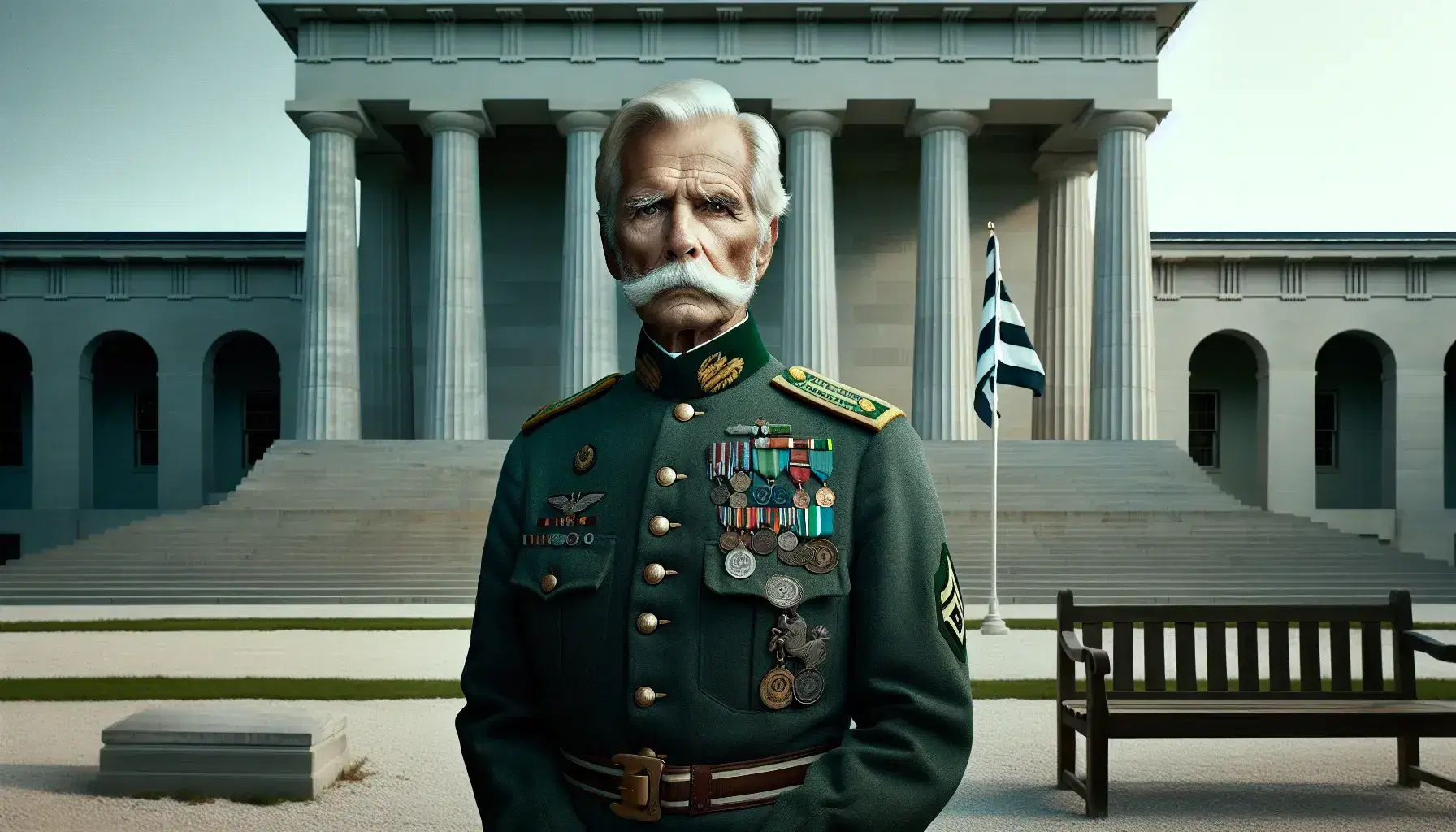 Elderly man in military uniform with medals stands before neoclassical building, flag at half-mast under serene blue sky, beside empty bench.