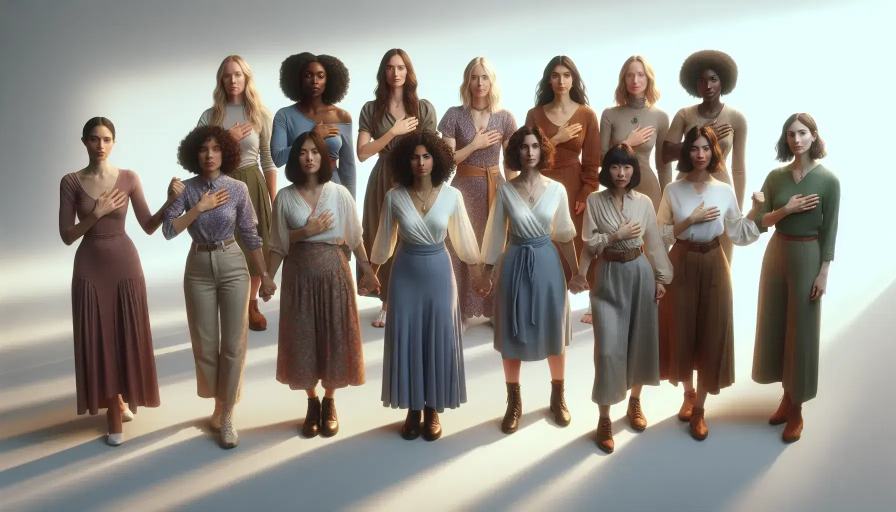 Diverse group of ten women in unity, varying ethnicities and ages, some with fists raised, others with hands on hearts, against a soft blue background.