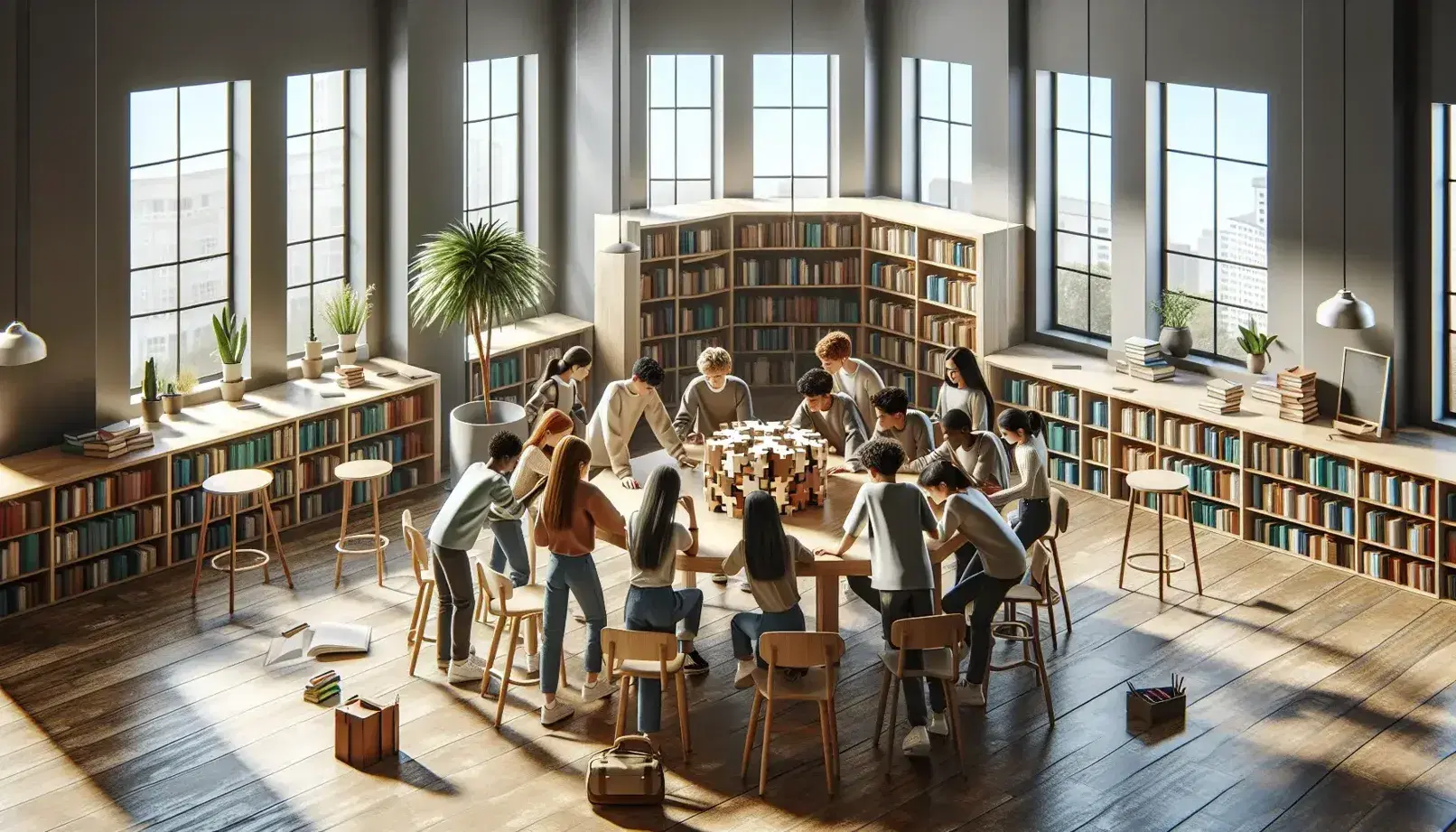 Aula luminosa con estudiantes diversos colaborando en un puzzle tridimensional en una mesa redonda, estantería con libros y planta al lado, pizarra blanca y ventana con vista a un árbol.