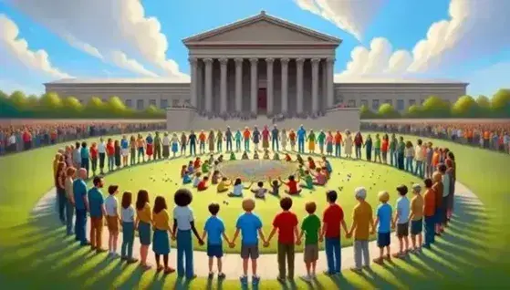 Gruppo multietnico di persone che si tengono per mano in cerchio, con bambini che giocano con biglie colorate su erba verde, edificio neoclassico sullo sfondo.