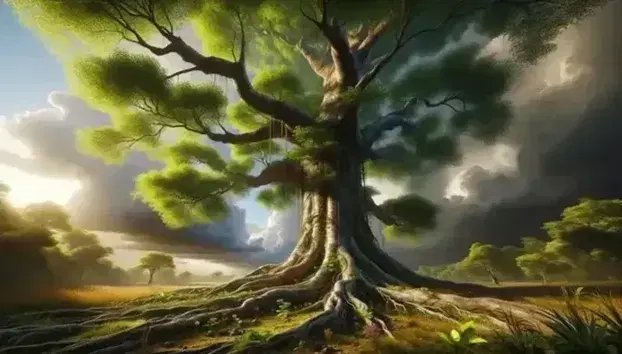 Albero maestoso con radici spesse, tronco nodoso e chioma rigogliosa sotto un cielo parzialmente nuvoloso, circondato da erba e fiori colorati.