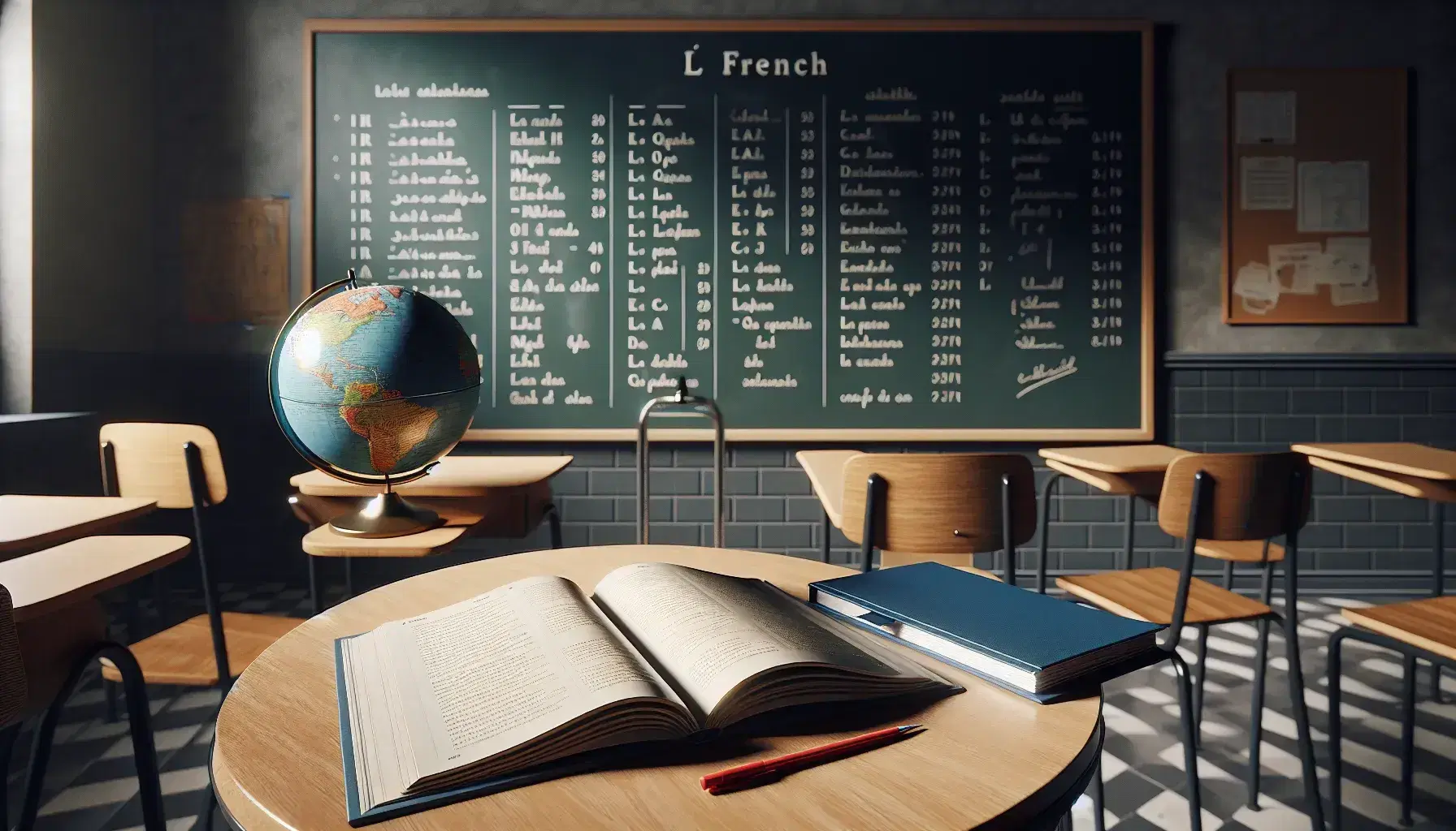 Classroom with French study materials on a round table, including a textbook, notebook, binder, and red pen, beside an empty chair and a clean chalkboard.