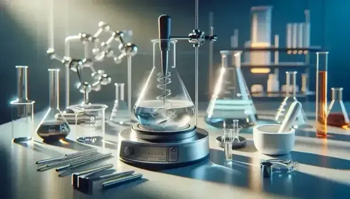 Laboratorio con equipo científico, incluyendo agitador magnético con Erlenmeyer y líquido incoloro, mortero con polvo, probeta con solución azul y embudo de separación con líquidos inmiscibles.