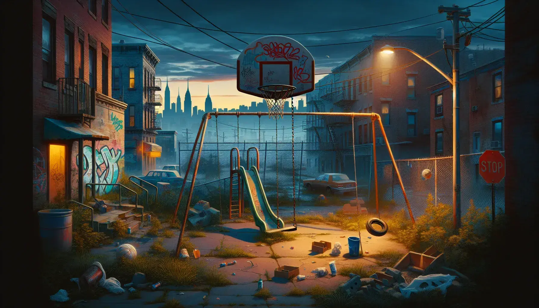 Cityscape at dusk with ruined playground, rusty swings, graffitied slide, damaged basketball hoop and neglected buildings against the backdrop of skyscrapers.