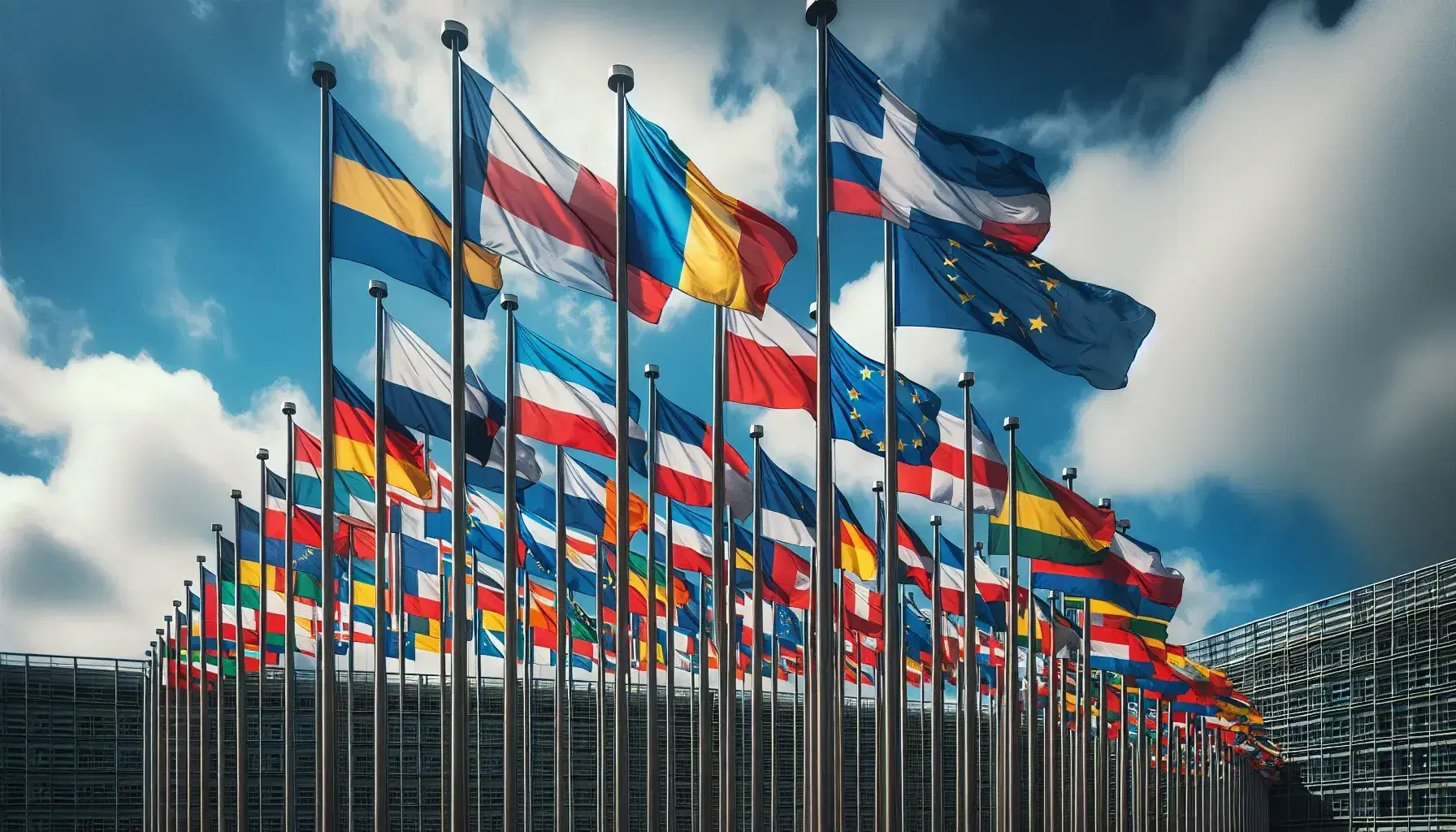 Bandiere dei paesi membri dell'Unione Europea sventolano su aste metalliche contro un cielo azzurro con nuvole sparse, simbolo di unità e diversità.