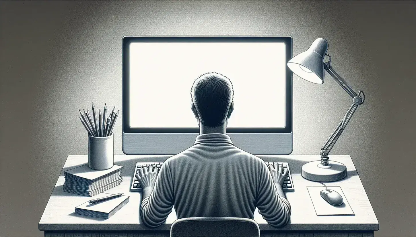 Person sitting at a desk in front of a turned on monitor with a blank screen, hands over a keyboard, surrounded by work objects.