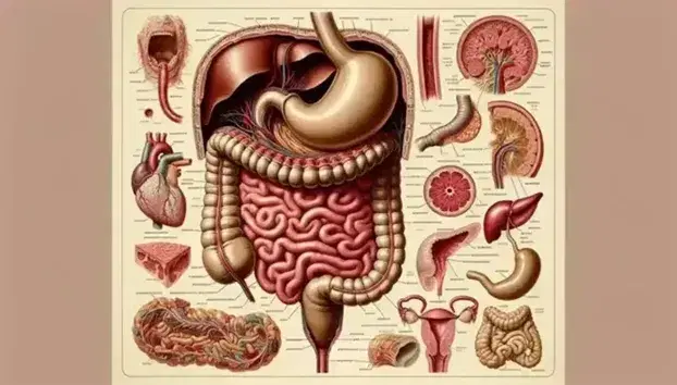 Cross-section view of the human digestive system, with details of the mouth, esophagus, stomach, small and large intestine, liver, gallbladder and pancreas.
