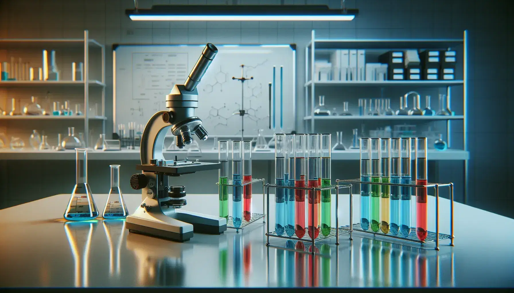 Laboratorio científico con tubos de ensayo de colores en soporte metálico y microscopio plateado, sobre mesa blanca y estantería con material de laboratorio al fondo.