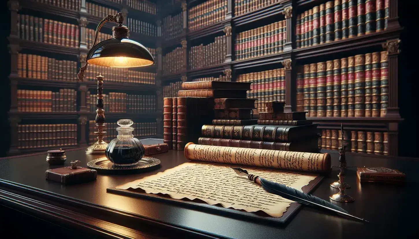Scena di biblioteca antica con scrivania in legno scuro, calamaio d'argento, pergamena e libri rilegati su scaffali, illuminata da lampada da tavolo.