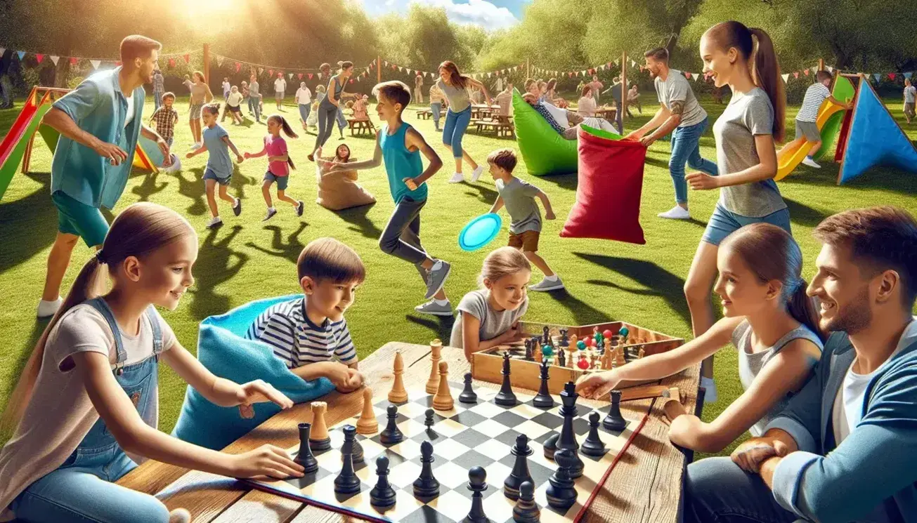 Niños y adultos disfrutan de actividades al aire libre en un parque soleado, jugando con un frisbee, ajedrez y compitiendo en una carrera de sacos.