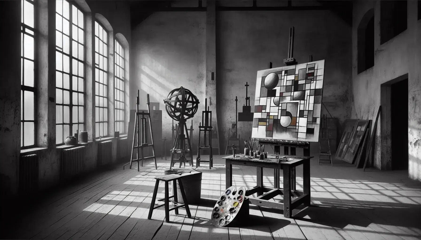 Early 20th-century artist's studio with an abstract painting on an easel, a palette with primary colors, a metallic sculpture, and a large window.