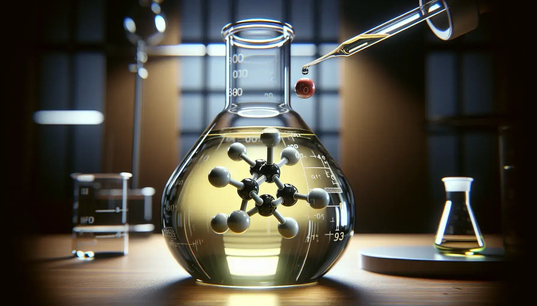 Molecular model of an oxide ring in a glass flask with yellow liquid on laboratory bench, dropper above ready to release a drop.