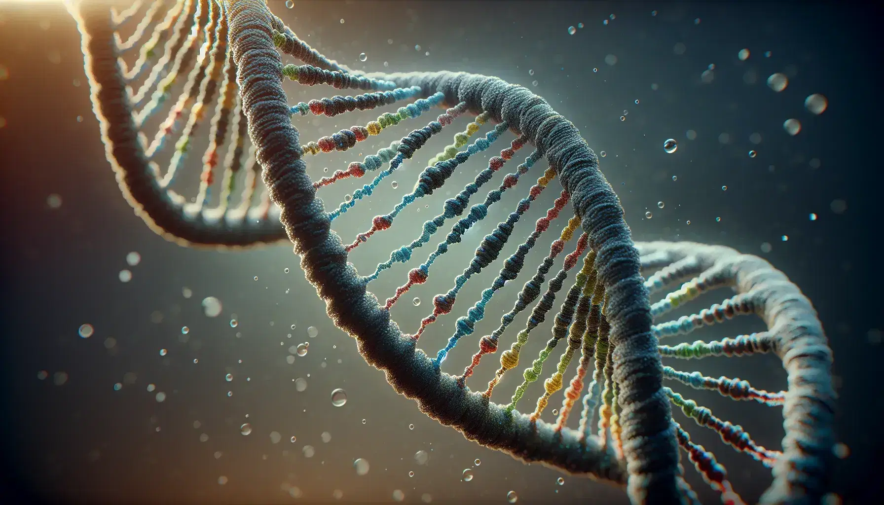 Estructura detallada de una doble hélice de ADN en 3D con cadenas azules y bases de colores verde, rojo, amarillo y azul claro, sobre fondo neutro desenfocado.