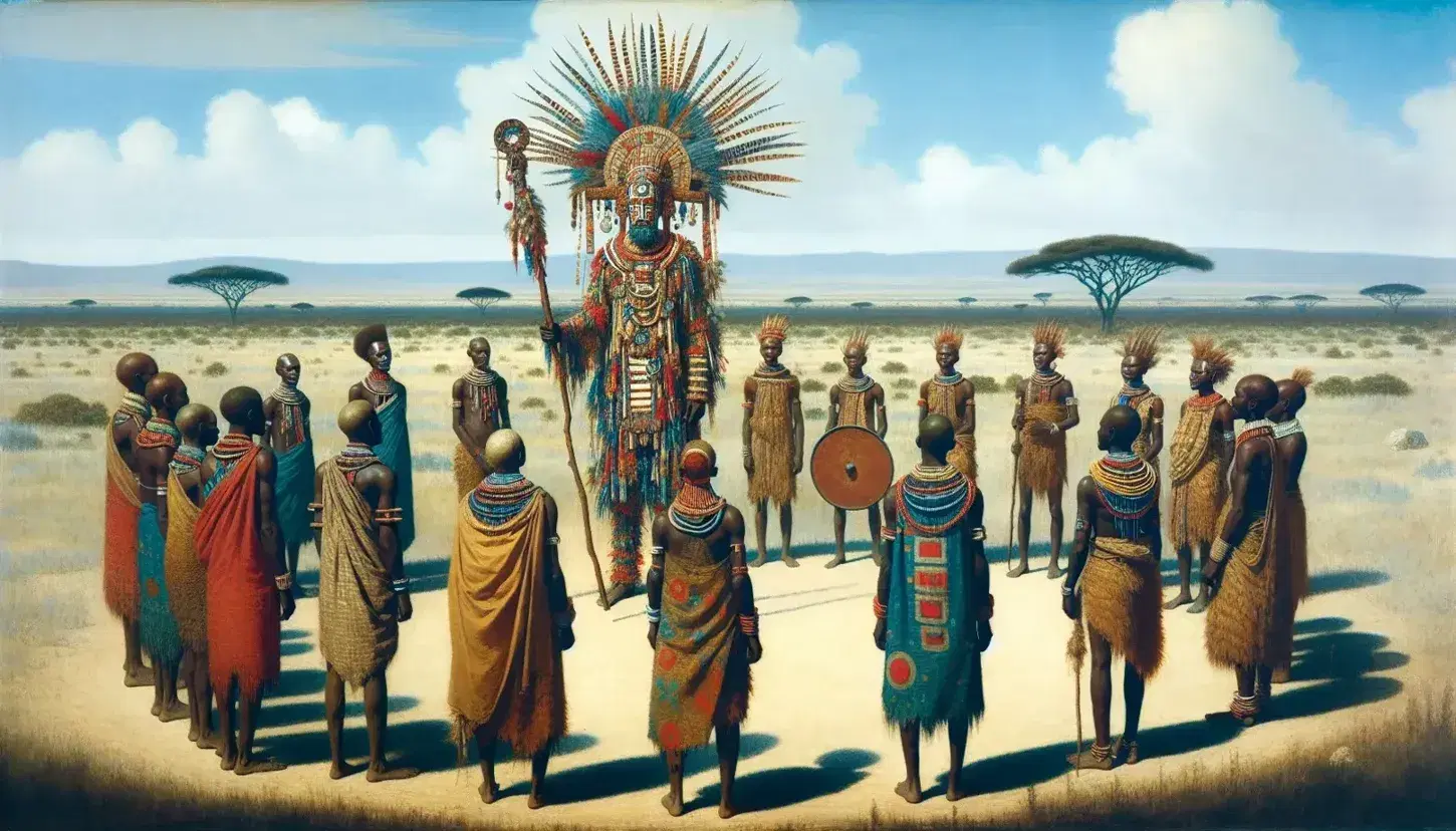 Reunión al aire libre de una comunidad africana precolonial con figura central en atuendo ceremonial, rodeada de personas con vestimentas de fibras naturales bajo un cielo despejado.