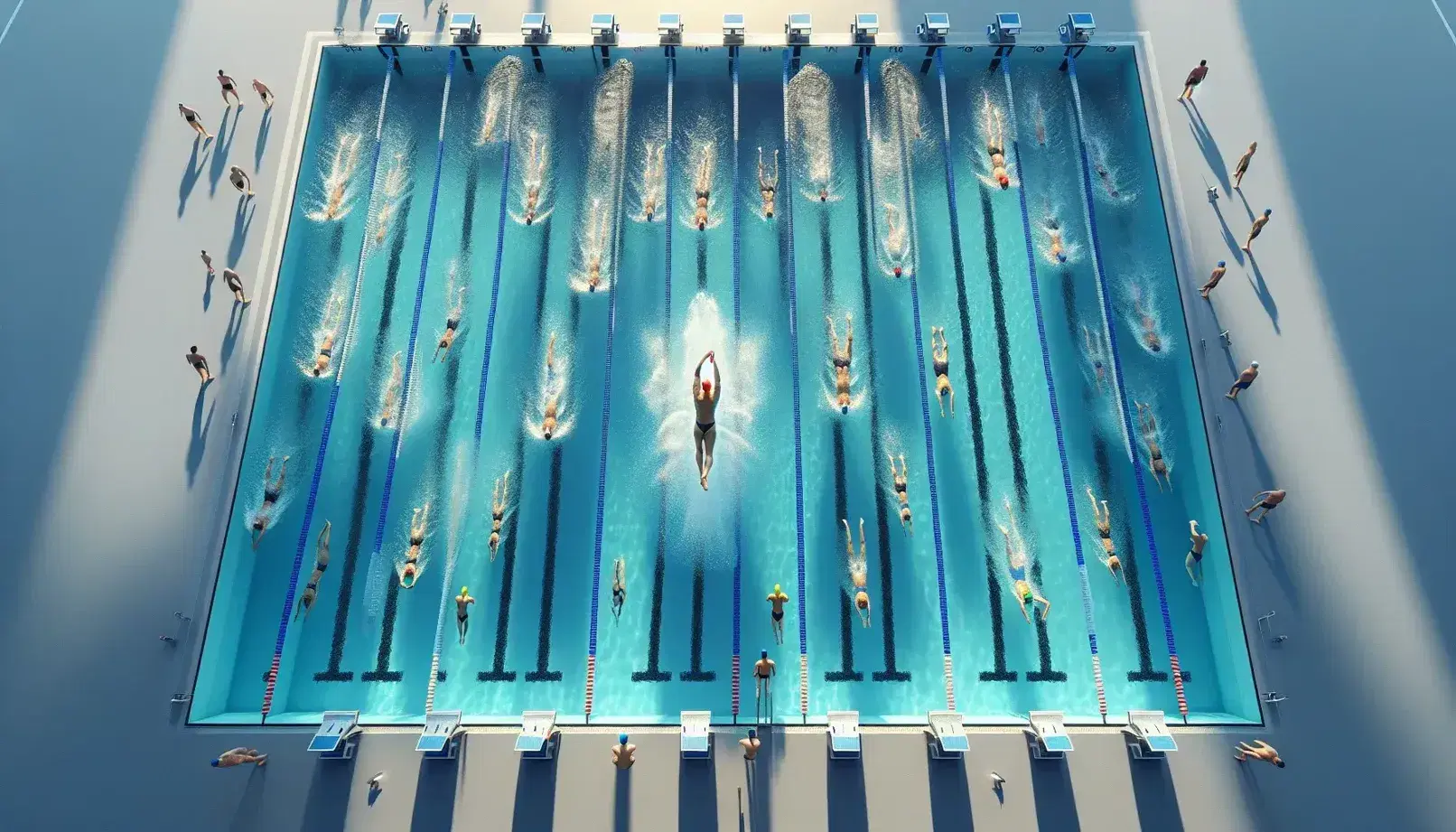 Vista aerea di una piscina olimpionica con nuotatori in gara, corsie delimitate da linee galleggianti blu e bianche e blocchi di partenza grigi.