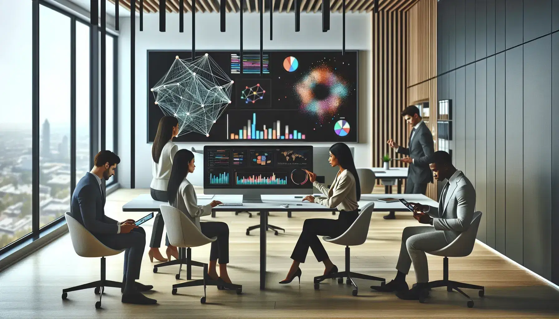 Caucasian woman analyzes colorful network graph on monitor, South Asian man and black woman examine graphs on tablet, group on touchscreen table in modern office.
