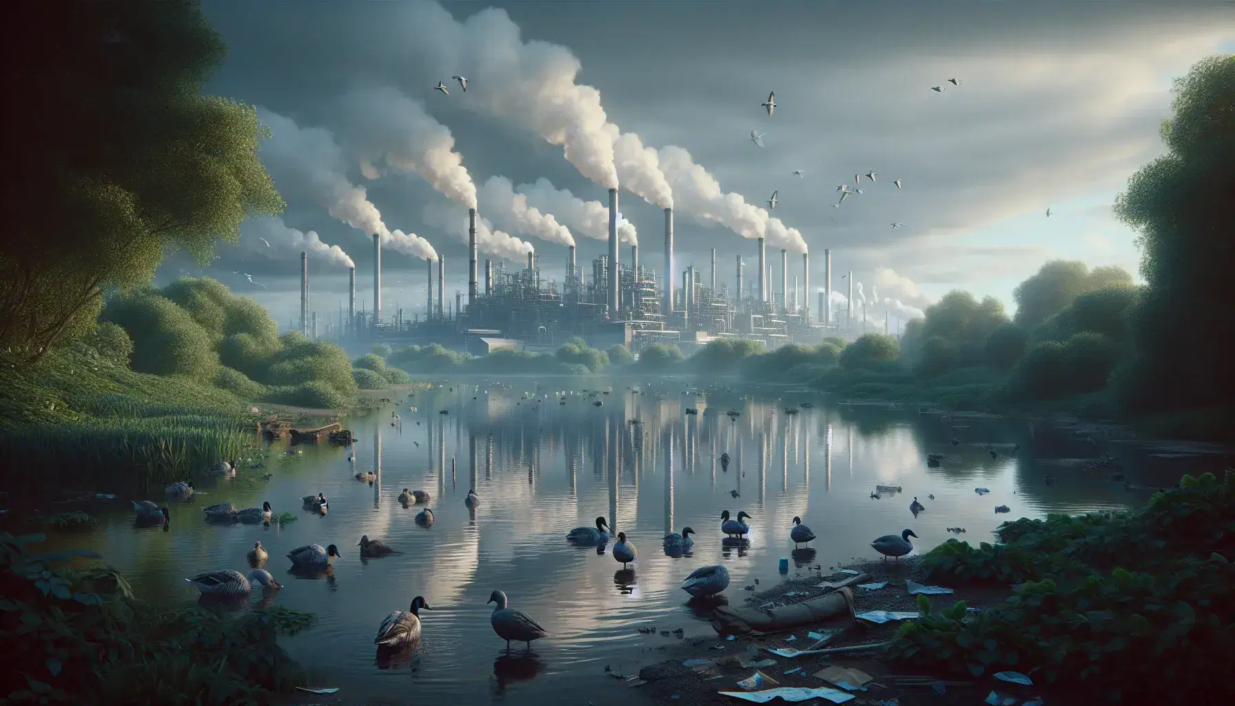 Fábrica con chimeneas humeantes al fondo y aves acuáticas en primer plano junto a un lago con reflejos y basura dispersa en la orilla.