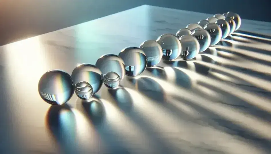 Esferas de cristal transparentes de distintos tamaños alineadas sobre superficie reflectante de mármol blanco, con reflejos arcoíris y fondo desenfocado en tonos verdes y azules.