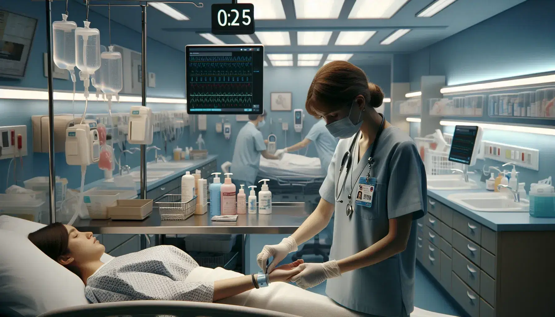 Enfermera aplicando pulsera de identificación a paciente en cama de hospital, con estación de enfermería y suministros médicos al fondo.
