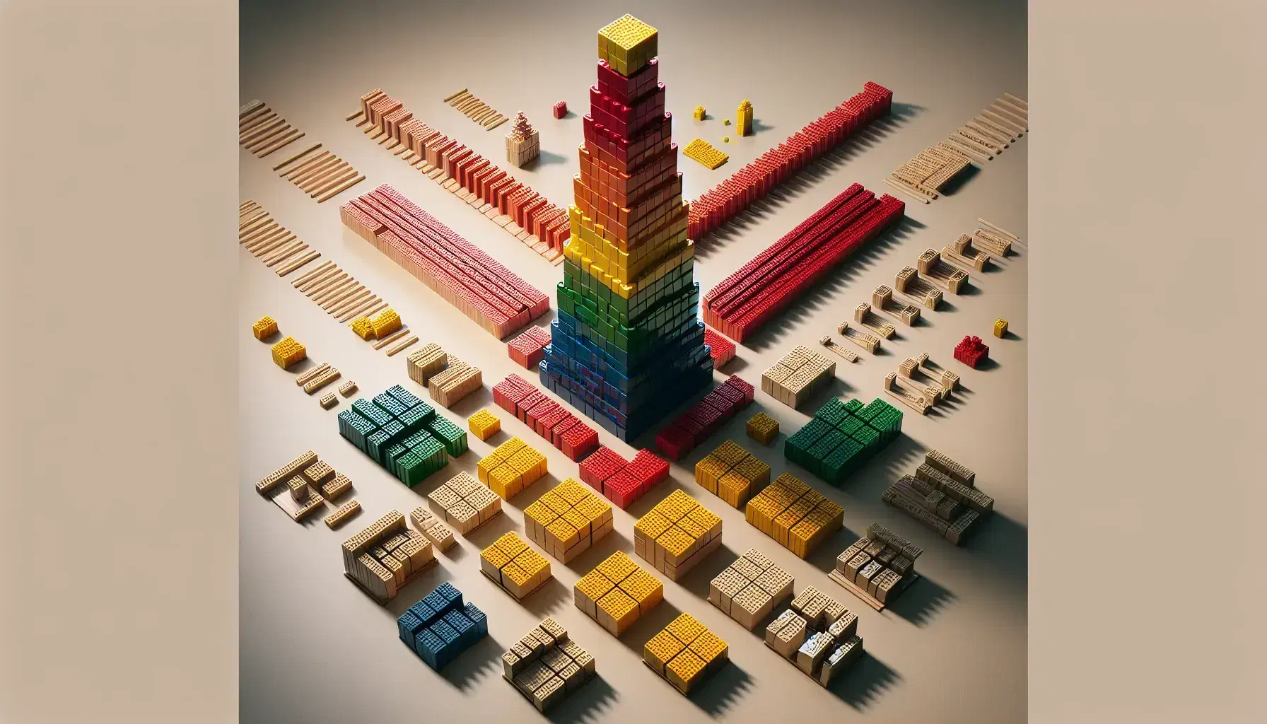 Torre di mattoncini colorati impilati in ordine decrescente con base rossa e cima blu, circondata da gruppi assortiti e pile dorate isolate.
