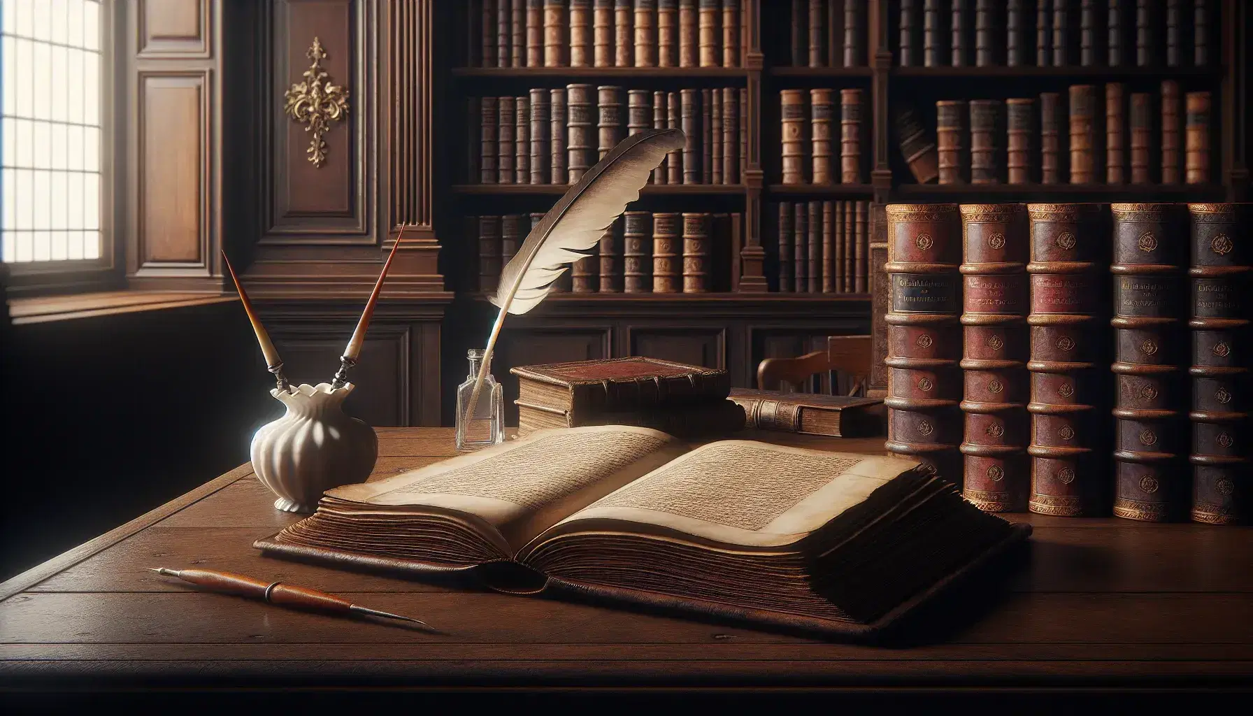 Studio letterario del XVII secolo con libro aperto su tavolo in legno, calamaio e penna d'oca, scaffale di libri rilegati e mappamondo antico.