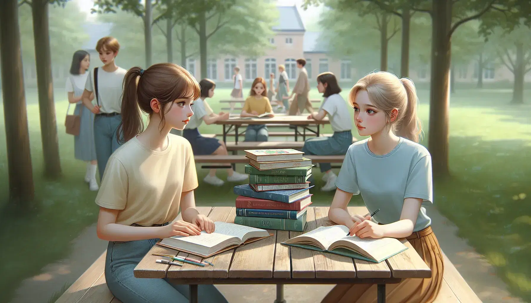 Due ragazze adolescenti studiano su una panchina all'aperto, circondate da libri e con altri studenti sullo sfondo.