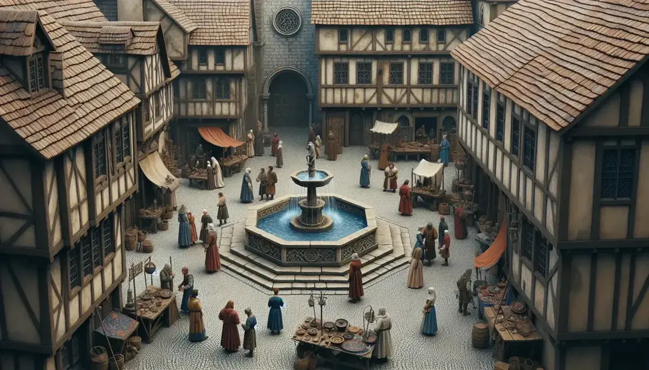 Piazza medievale animata con fontana ottagonale, bancarelle artigianali, edifici storici, chiesa con campanile e persone in abiti d'epoca.
