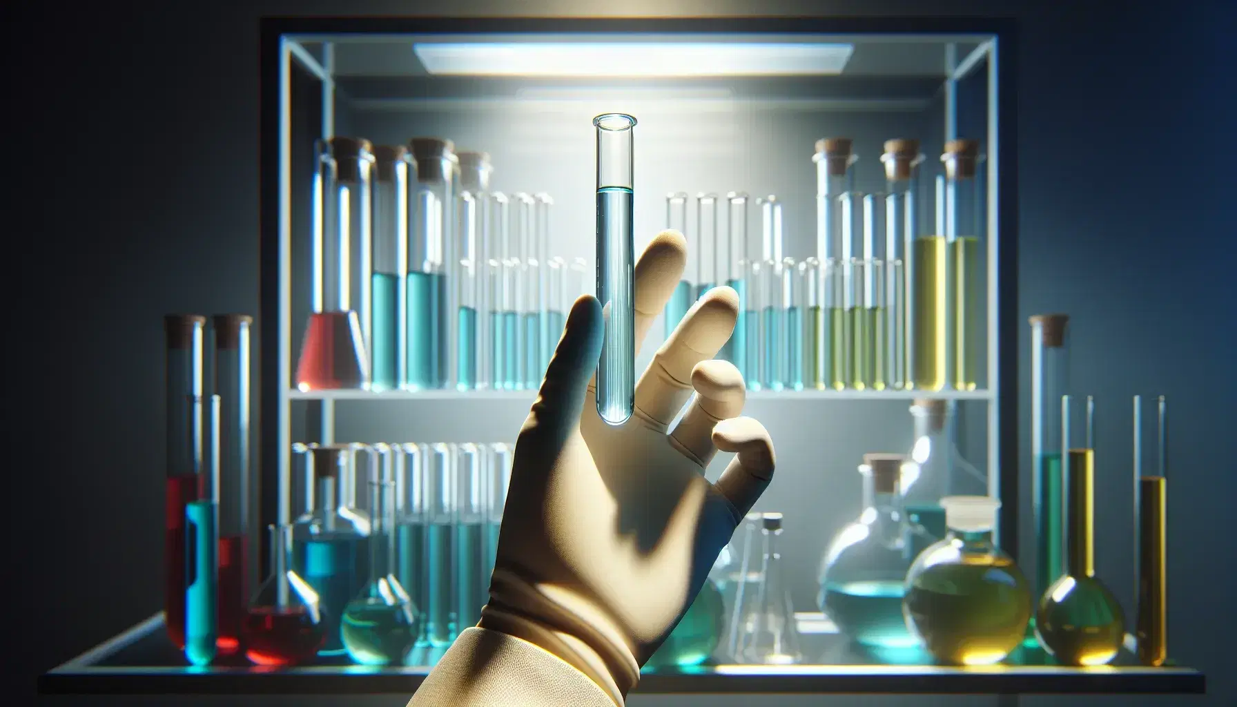 Mano con guante de látex sosteniendo tubo de ensayo con líquido azul claro, fondo desenfocado con frascos de colores en estantería de laboratorio.
